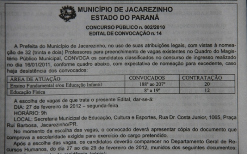 Prefeitura de Jacarezinho convoca aprovados em concursos