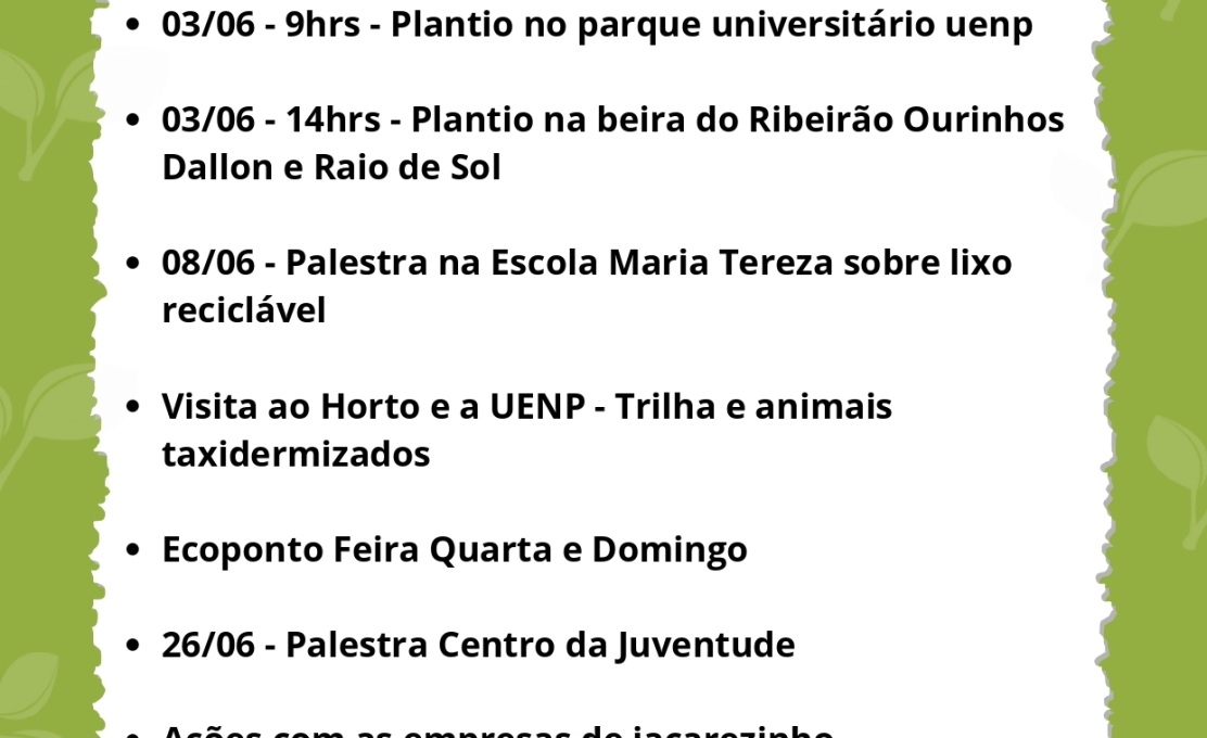 Confira o cronograma da campanha Junho Verde em Jacarezinho!