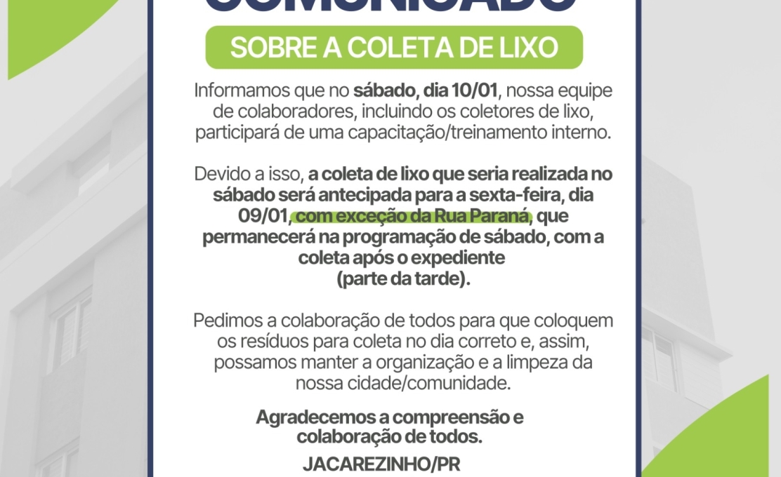 Comunicado Importante: Alteração na Coleta de Lixo