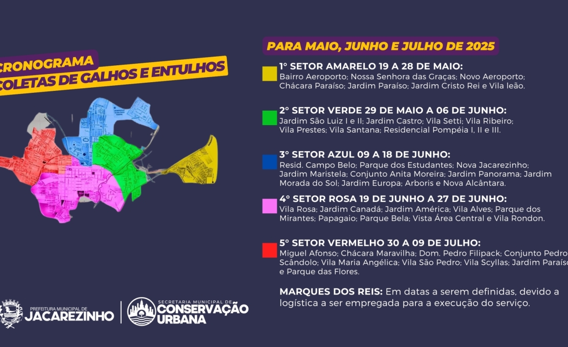 Confira o cronograma de coletas de galhos e entulhos para os meses de maio, junho e julho de 2025