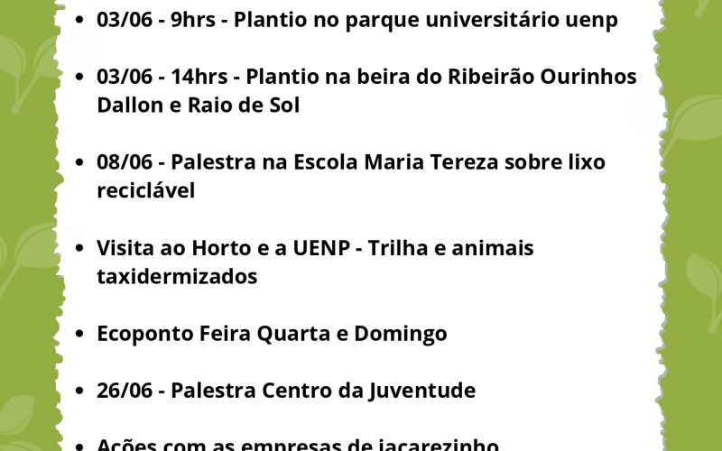Confira o cronograma da campanha Junho Verde em Jacarezinho!