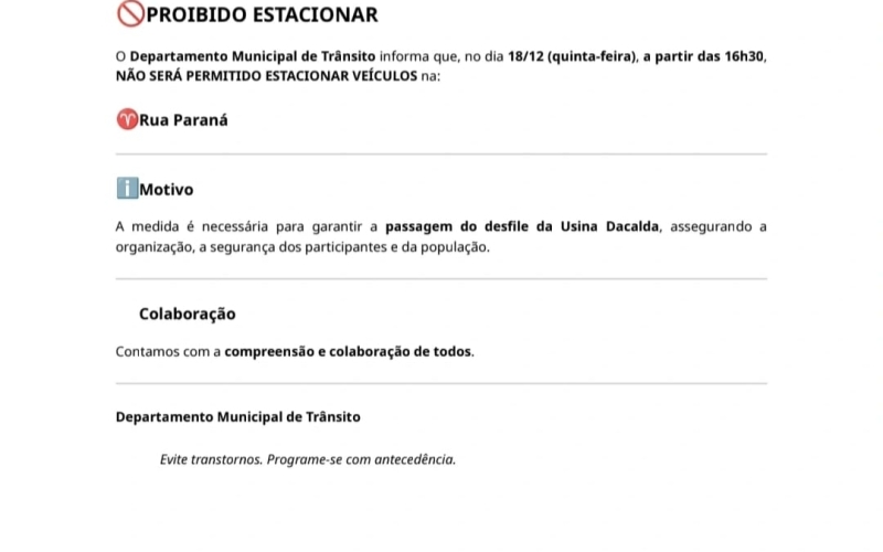 ATENÇÃO: Rua Paraná interditada para estacionar!