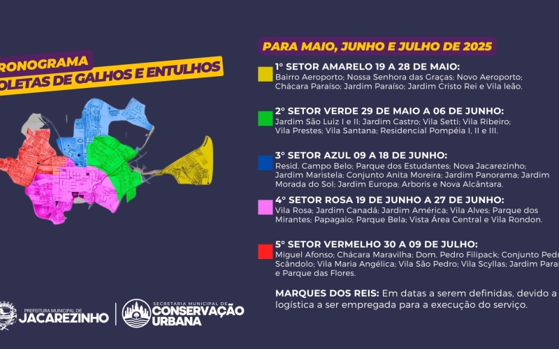 Confira o cronograma de coletas de galhos e entulhos para os meses de maio, junho e julho de 2025