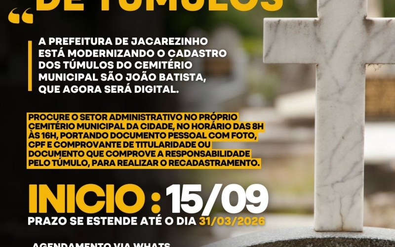 Atenção para prazo de recadastramento de túmulos no Cemitério Municipal 